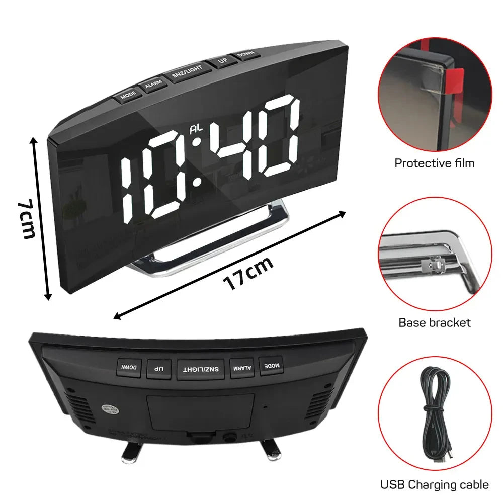 LED Digital Mirror Alarm Clock – Noiseless Design with Large Display & Calendar Function
