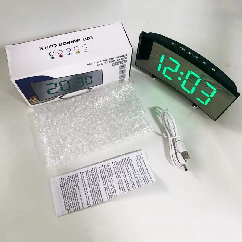 LED Digital Mirror Alarm Clock – Noiseless Design with Large Display & Calendar Function