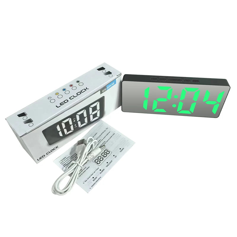 LED Digital Mirror Alarm Clock – Noiseless Design with Large Display & Calendar Function